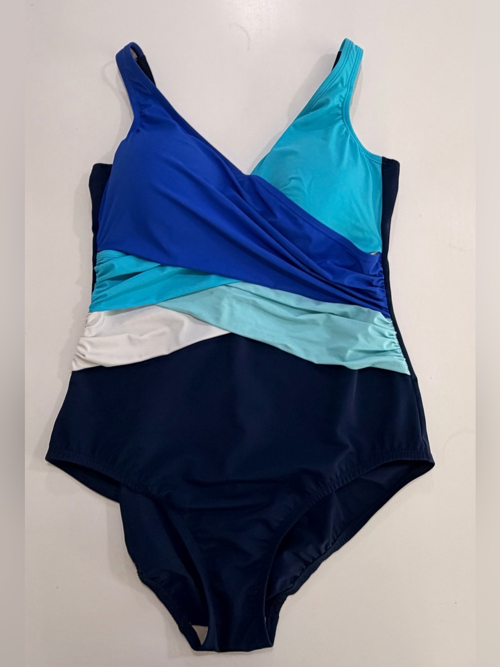 Lands’ End SlenderSuits Surplice Wrap One Piece Swimsuit Colorblock Blue Sz 14